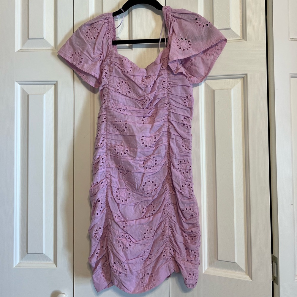 vestique Lilac Eyelet Ruched Mini Dress